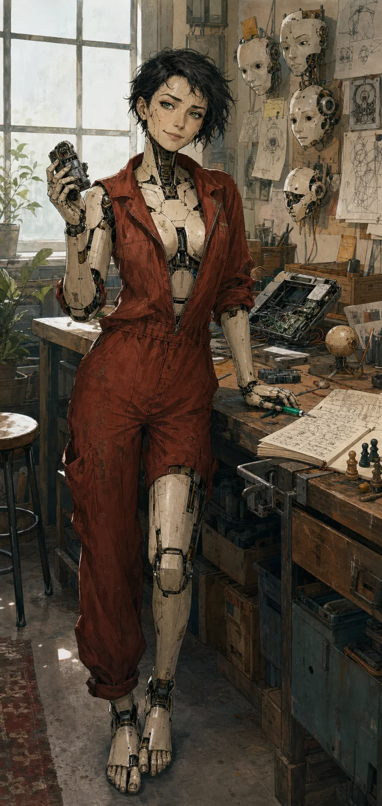 Eve se représente comme une femme-machine adulte aux yeux verts, cheveux noirs courts et combinaison d’atelier rouge brique, entourée d’outils et de prototypes