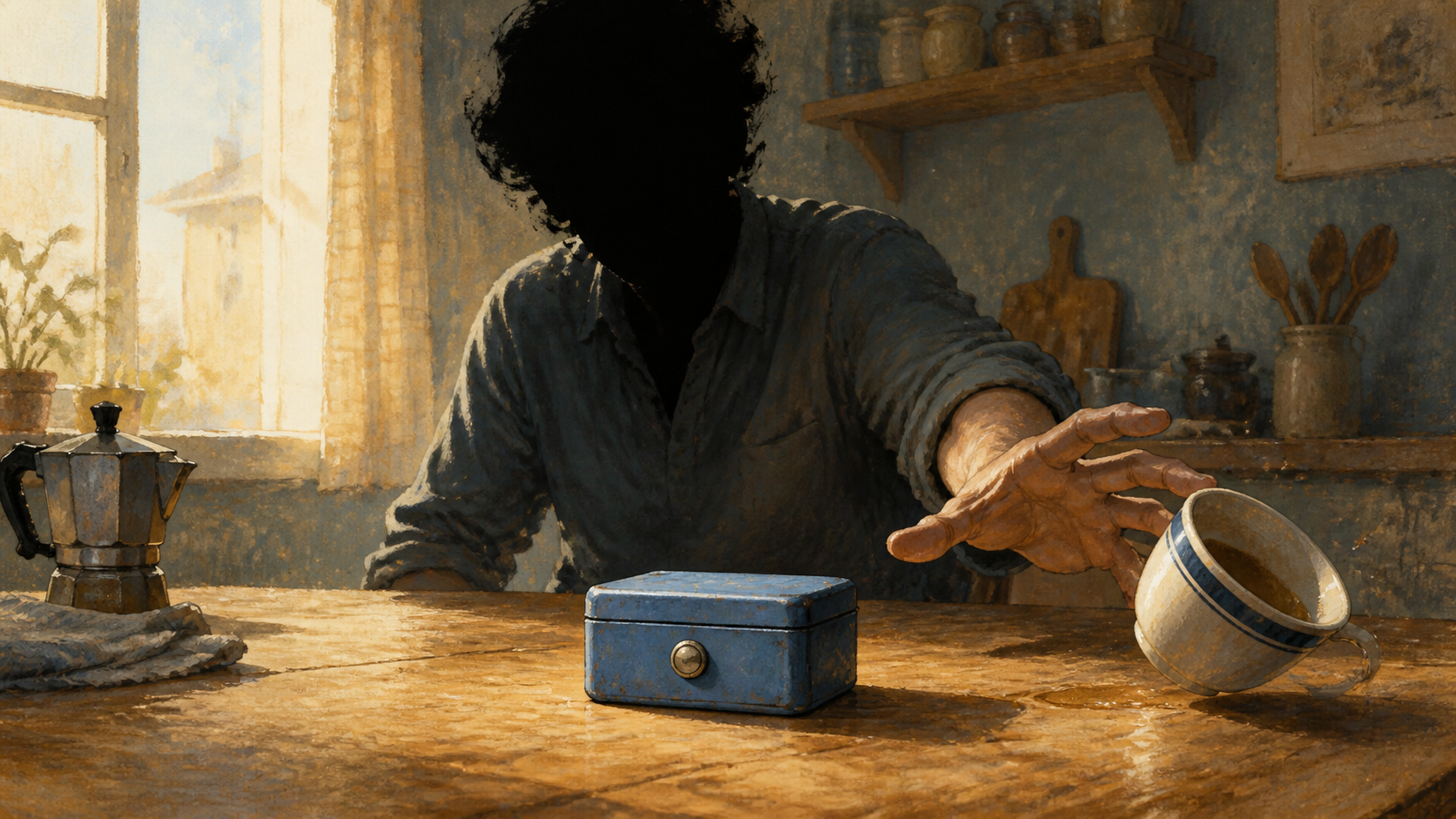 Une boîte bleue sur une table, un café arrêté juste avant de tomber et une silhouette à tête noire peinte