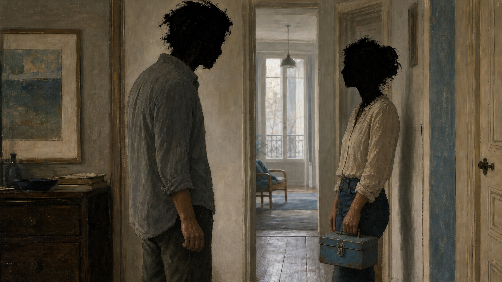 Deux silhouettes réalistes aux têtes noires peintes se font face dans un couloir, avec la boîte bleue