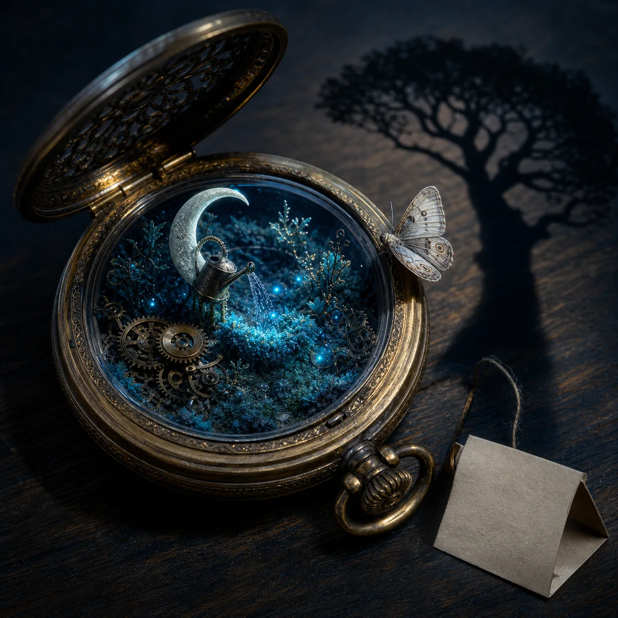Une montre ancienne ouverte où poussent un arbre et de la mousse, sous la lune