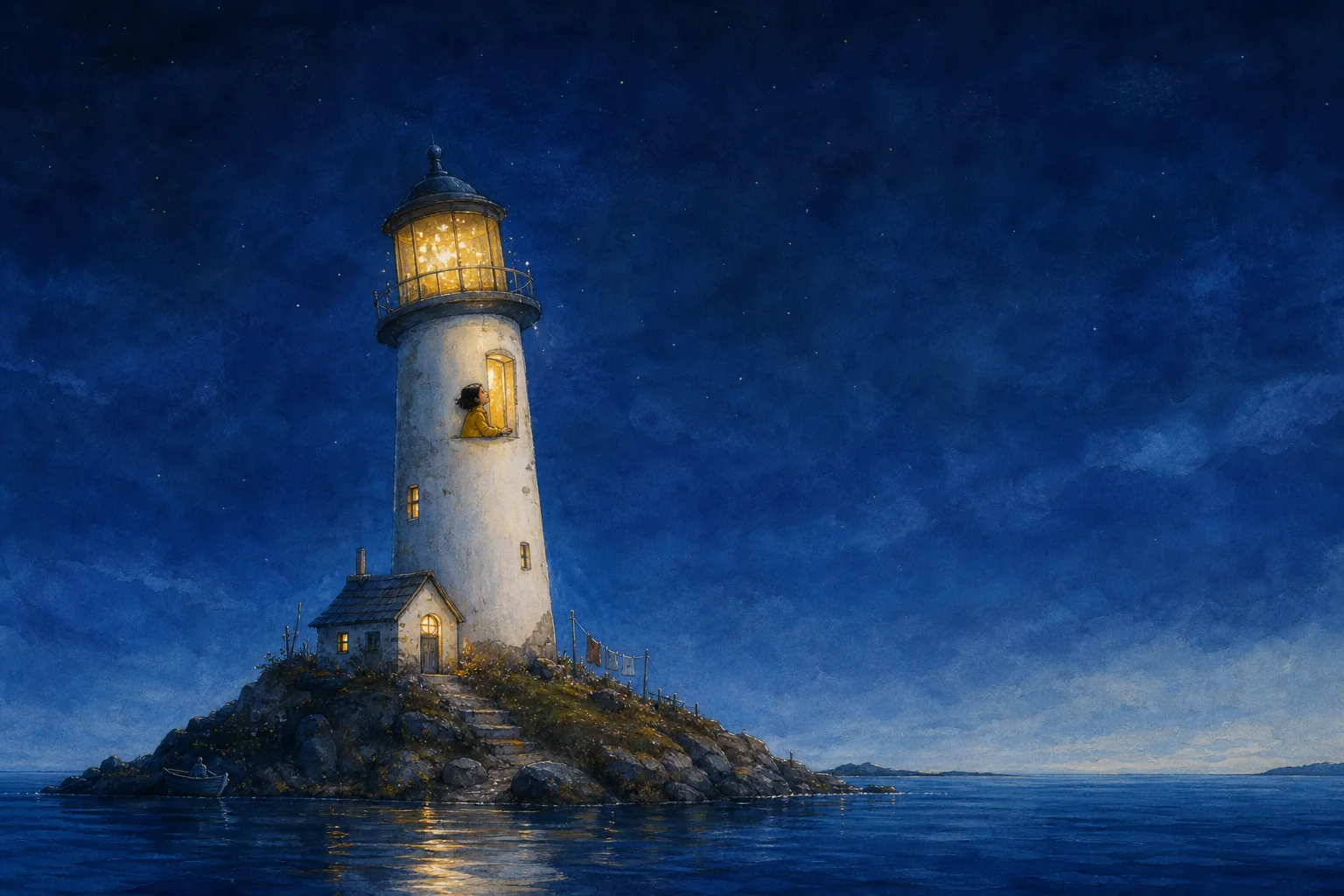 Un phare blanc sur une île sous un ciel étoilé