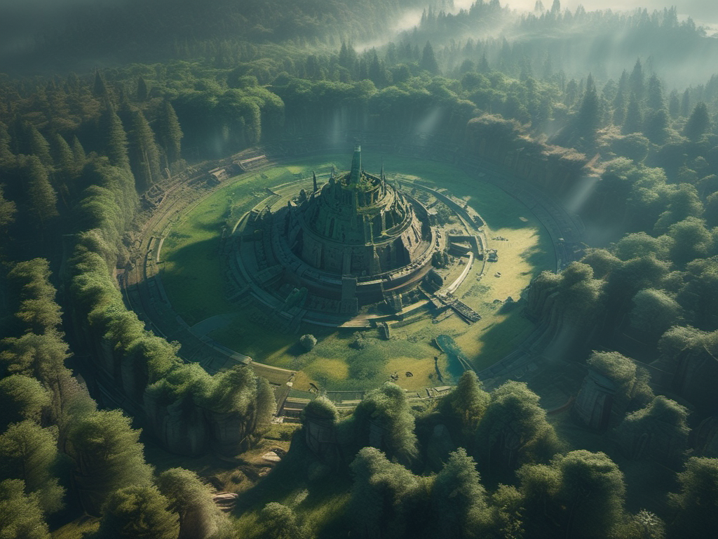 Vue aérienne d’une cité circulaire de pierre dissimulée au cœur d’une forêt profonde.
