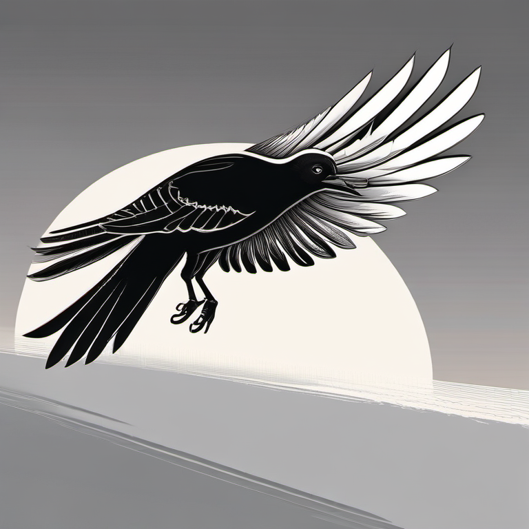 Source brute du corbeau : oiseau noir complet en vol devant un grand disque blanc et un paysage gris.