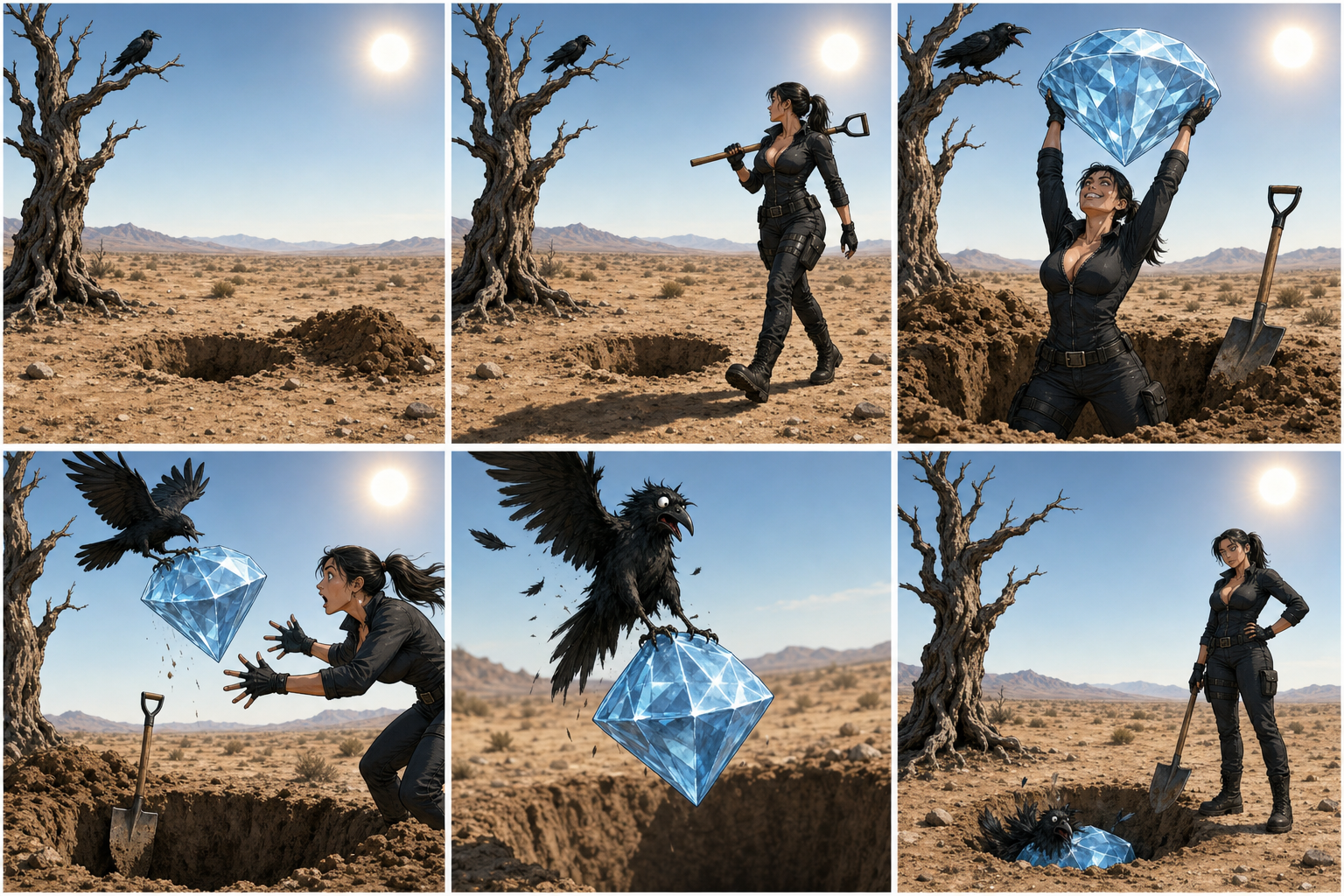 Planche muette en six cases : une cambrioleuse déterre un diamant qu’un corbeau tente de voler.