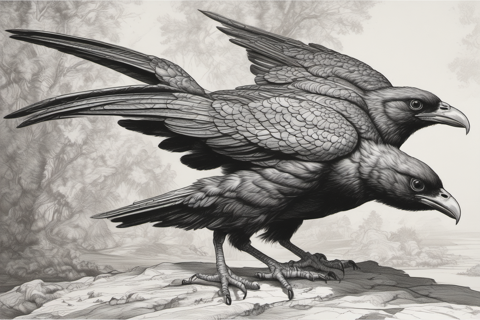 Illustration monochrome brute montrant deux corbeaux superposés, sans grille de bande dessinée.